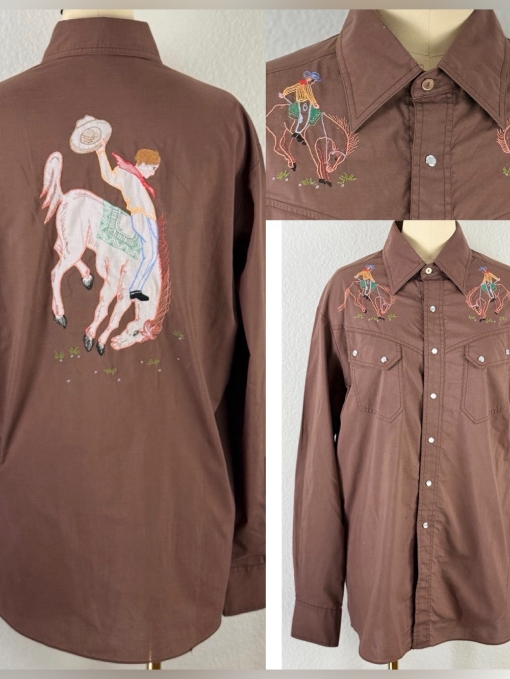 Vintage Embroidered Cowboy Shirt wi/Cowboy Riding a Bucking Horse and Snap Pearl
